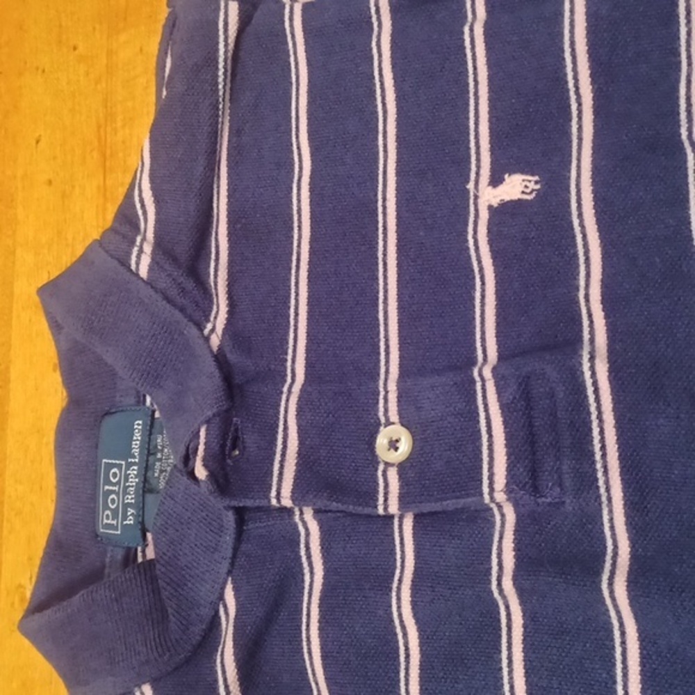 Polo Ralph Lauren‎ Kids Sz 5 Navy Pale Pink White Stripe Short Sleeve Shirt